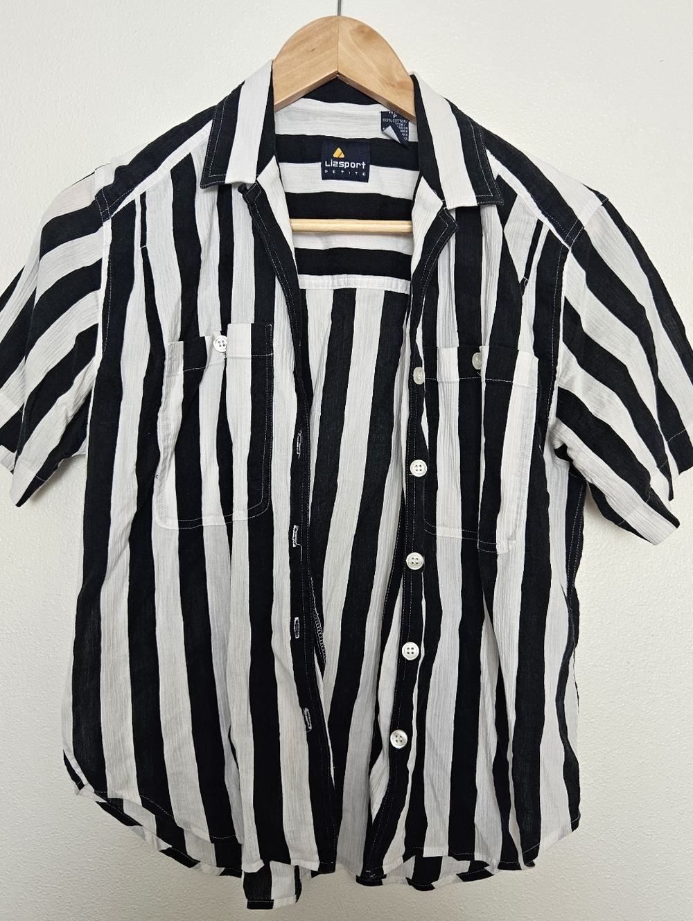 Liz Sport Black White Striped Petite Top